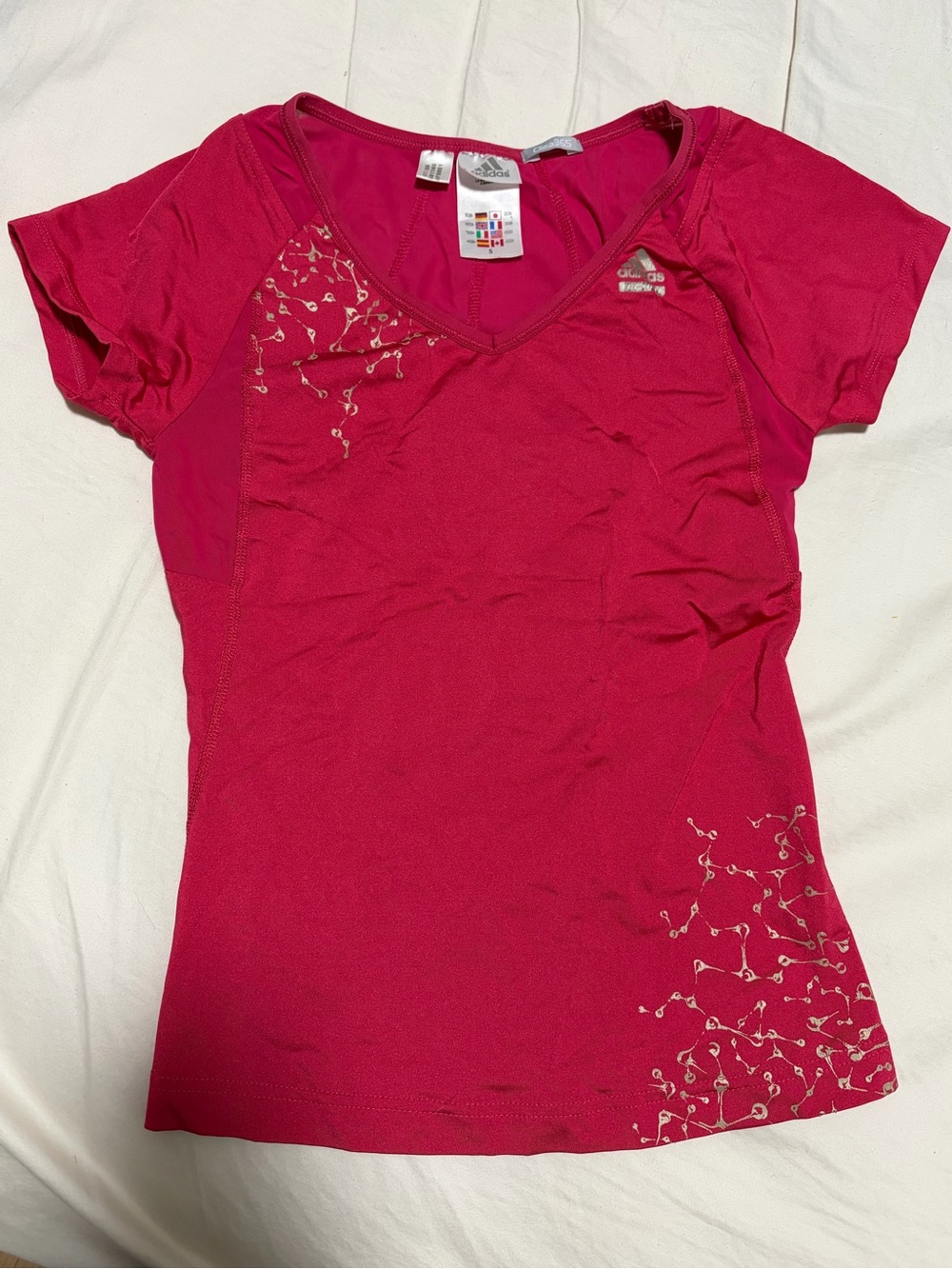 adidas Women's Short-Sleeve V-Neck Tee in Raspberry Red with Subtle Print - Picture 2 of 4